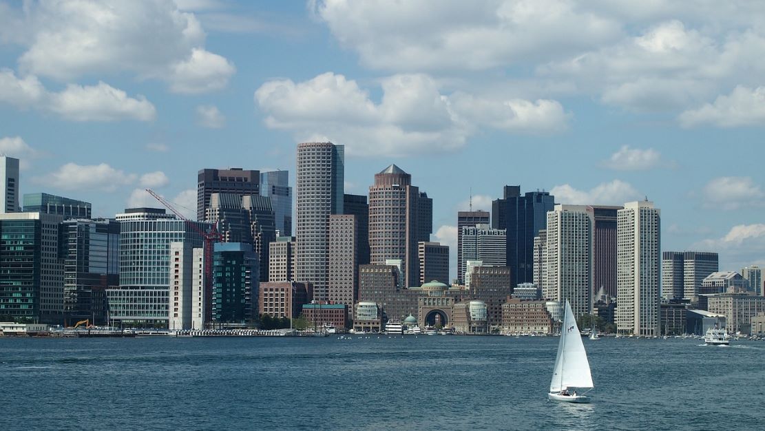 Boston skyline during the day viewed from across the harbour.
