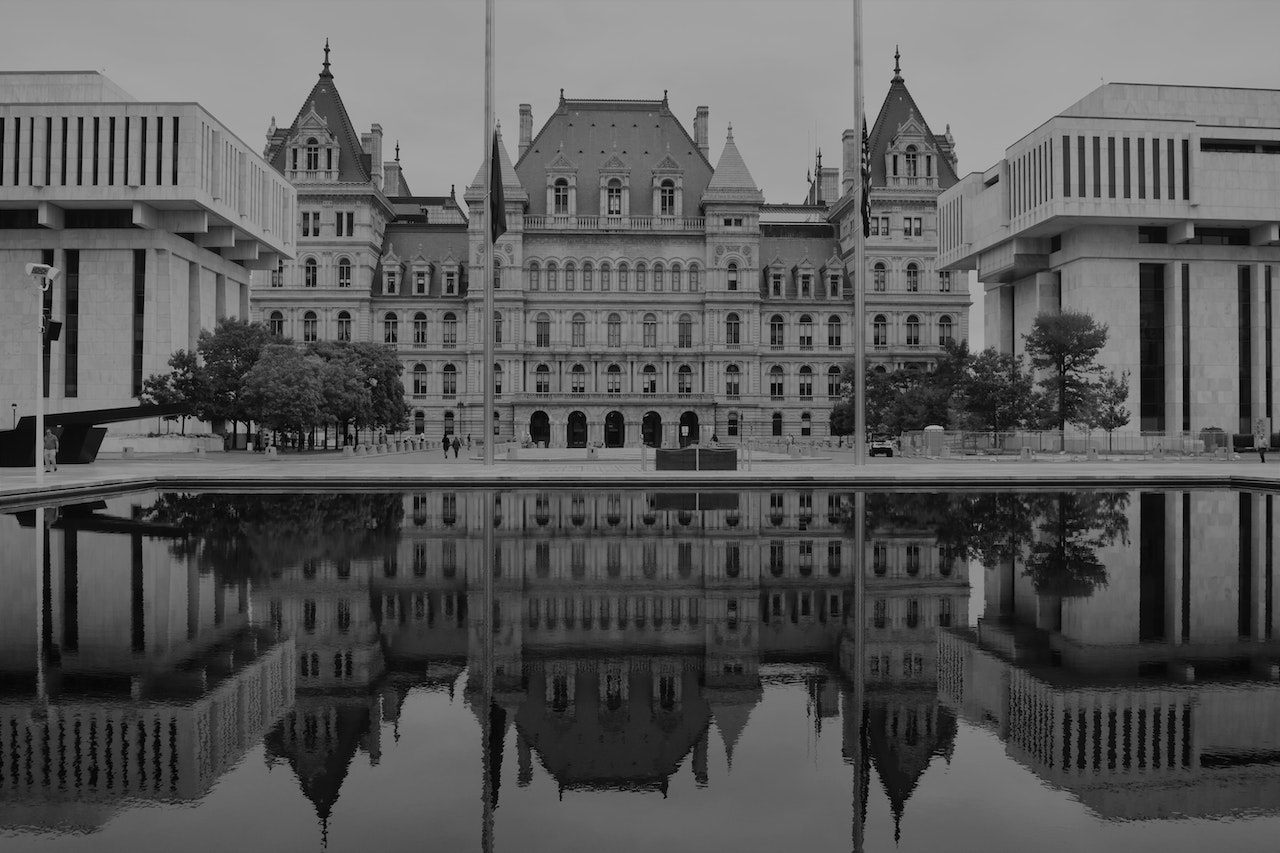 A black and white photo of the New York State Capitol in Albany, NY.